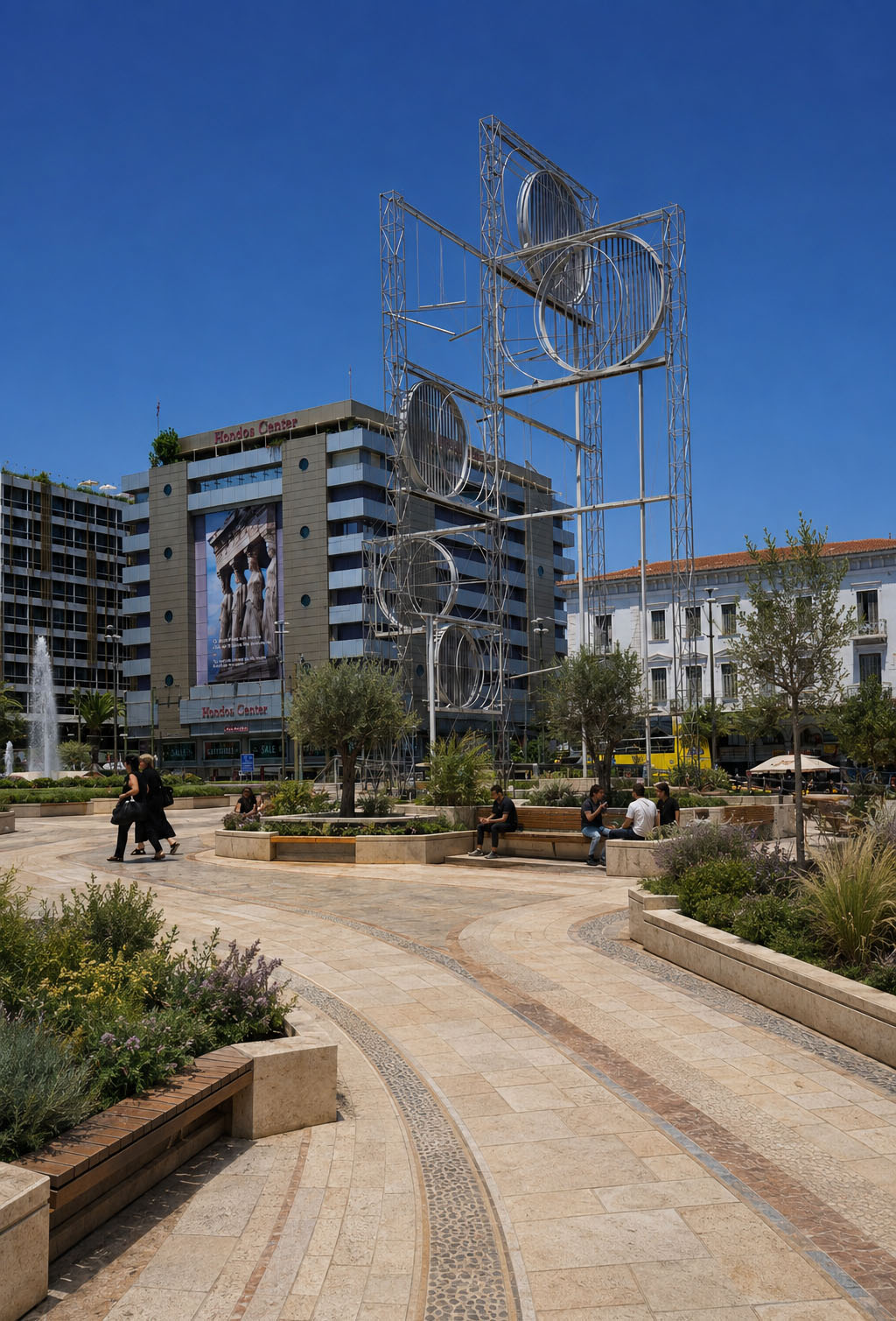 Πρόταση επανασχεδιασμού — ελιές, παρτέρια, καθιστικά και σκιερές διαδρομές