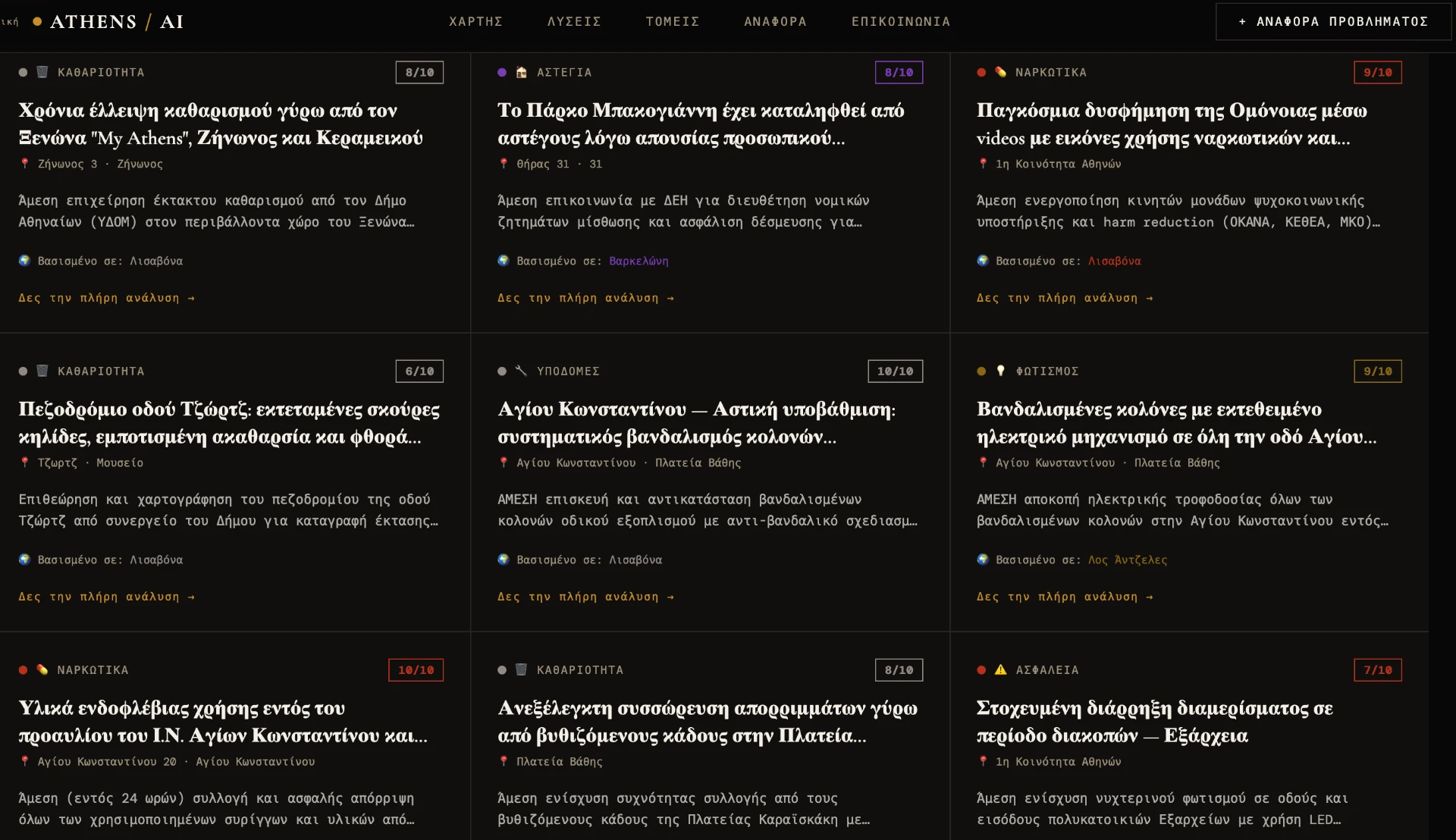 Athens AI verified reports grid — 200+ verified urban issues across Athens
